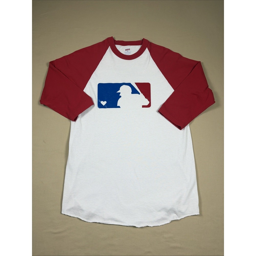 Soffe Raglan Baseball Tee Shirt White Red Sleeves MLB Logo Size Medium